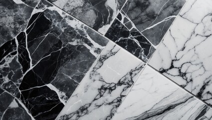Poster - Black and white marble tiles arranged in a modern geometric pattern showcasing intricate natural veining and textures