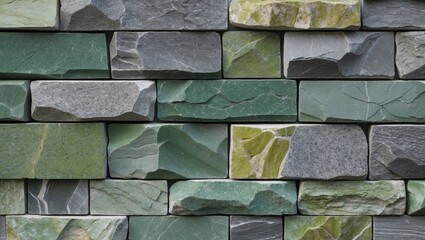 Poster - Green and gray textured stone wall background made of various rectangular and irregular stones