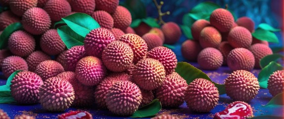 Poster - Fresh lychee fruit with green leaves arranged on a colorful surface with soft lighting and a blurred background