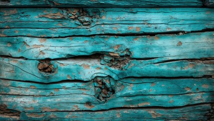 Poster - Textured wooden surface with peeling turquoise paint and visible wear and tear, ideal for backgrounds and design uses