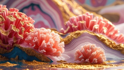 Poster - Colorful textured coral with gold accents on a layered stone background creating an abstract marine scene.
