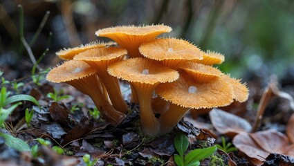 Poster - Bright orange mushrooms clustered on a forest floor surrounded by green foliage and fallen leaves in a natural habitat setting.