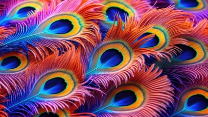 Poster - Colorful peacock feathers displaying vibrant blue orange and green hues arranged in a close-up pattern on a textured background
