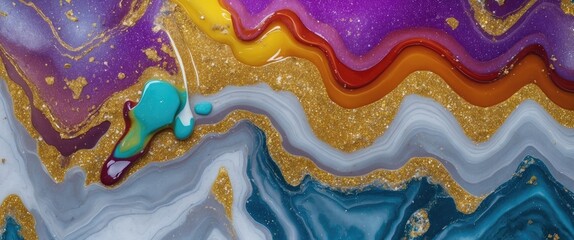 Poster - Colorful abstract fluid art background with wavy patterns in purple, gold, turquoise, and white tones