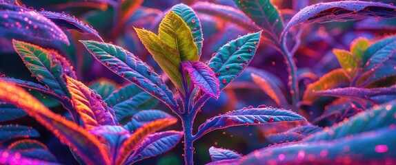 Poster - vibrant close-up of colorful leaves with droplets illuminated by neon lighting in a lush green setti