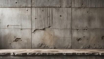 Poster - Concrete wall texture with rough weathered surface and wooden shelf in interior setting