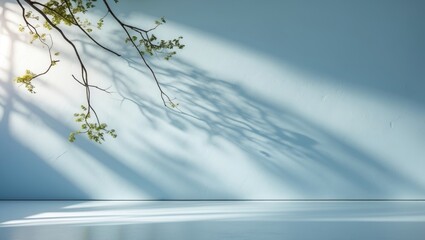 Poster - Branch shadows on a light blue wall with sunlight casting distinct patterns on the surface, creating a calm and serene interior space.