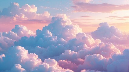 Poster - Colorful fluffy clouds at sunrise against a pastel sky with shades of pink and blue creating a peaceful atmospheric scene in the background