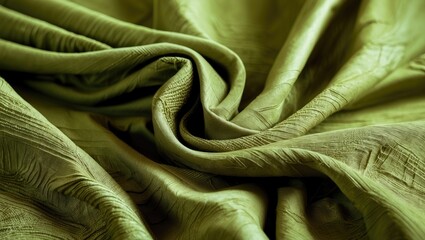 Poster - Green textured fabric with intricate patterns and soft draping folds in natural lighting