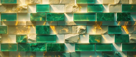Poster - Multi-textured wall with green and clear glass tiles interspersed with natural stone illuminated by soft light shadows.