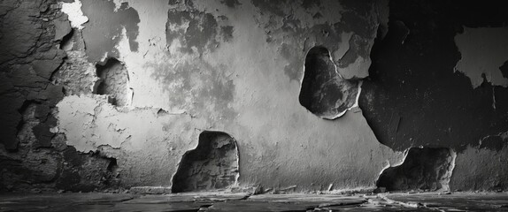 Poster - Textured wall with peeling paint and visible damage in a monochrome setting creating an industrial atmosphere