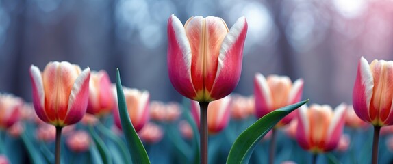 Poster - Pink and white tulips in a garden with a blurred natural background during springtime with green leaves and vibrant colors