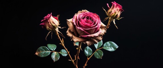 Poster - Three wilted roses with dry petals and green leaves against a dark background.