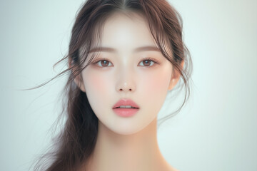 Fototapete - 美肌の若くて可愛いアジア女性モデルの美容ポートレート｜風で髪が靡いて柔らかい雰囲気の正面撮影