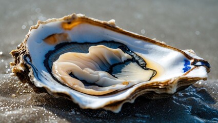 Poster - Close-up of an open ocean oyster shell displaying its interior with rippled flesh and intricate patterns on a sandy beach background