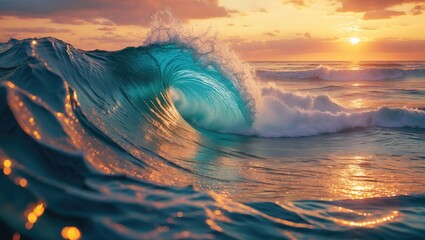 Poster - Vibrant ocean wave with sunlight reflecting on water surface during sunset in serene coastal environment