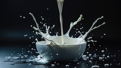 Poster - Milk splashing from a white bowl creating dynamic droplets against a dark background