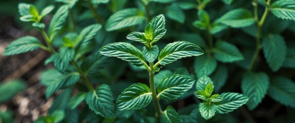 Poster - fresh green mint leaves close-up in natural sunlight with blurred background