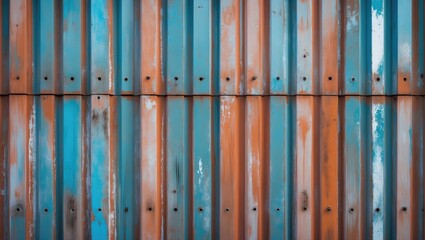Poster - Rusty metallic wall with blue and orange paint, detailed texture, vertical corrugated panels, industrial background.