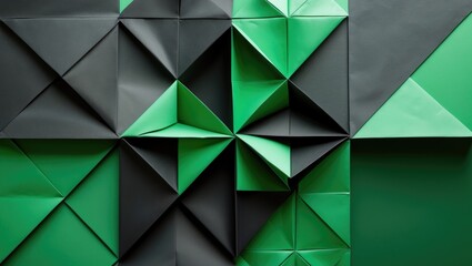 Poster - Green and black paper triangles arranged in a geometric pattern creating a textured backdrop for design elements