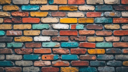 Poster - Colorful textured brick wall with a mix of red, blue, yellow, and white bricks arranged in horizontal lines.