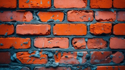 Poster - Textured close-up of weathered orange brick wall with gray mortar and visible wear and peeling paint patterns.