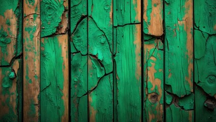 Poster - Textured green wood panels with cracks and imperfections creating a rustic and weathered appearance.