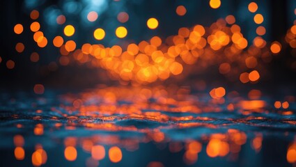 Poster - abstract bokeh lights in warm orange and blue tones reflecting on wet surface shallow depth of field