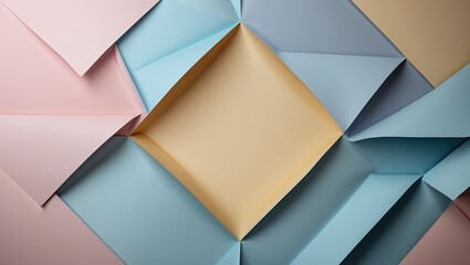 Poster - Colored paper sheets arranged in geometric pattern with pastel hues of blue, pink, and yellow creating a textured background.