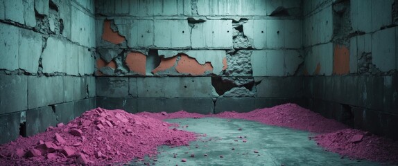 Poster - Interior of an abandoned room with cracked concrete walls and pink powder on the floor under dim lighting