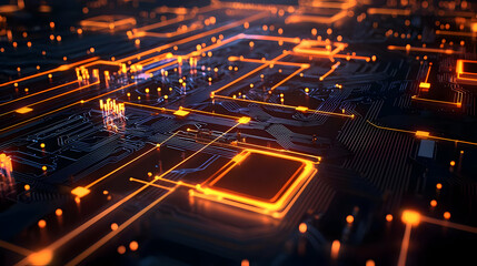 Glowing Orange And Blue Circuit Board Technology Illustration Displaying Digital Information And Data