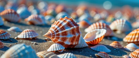 Poster - Close-up of various colorful seashells on sandy beach with ocean in the background during sunny day