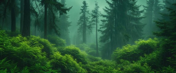 Poster - Misty green forest landscape with tall pine trees and lush ferns in a tranquil natural setting during daytime