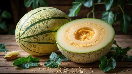 Poster - Fresh cantaloupe fruit cut in half with seeds exposed placed on wooden table surrounded by green leaves and slices