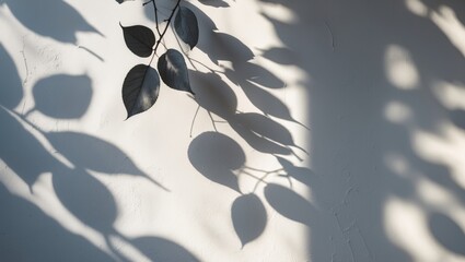Poster - Leaf shadows creating patterns on a textured white wall in natural light showcasing depth and contrast
