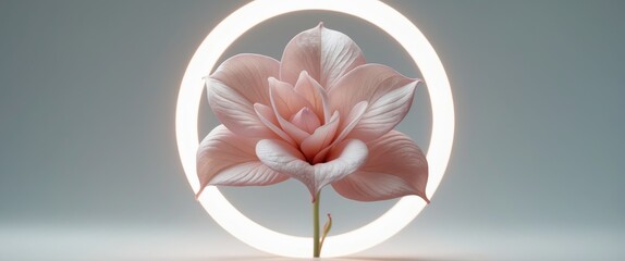 Poster - pink flower with detailed petals illuminated by a circular light source on a neutral background