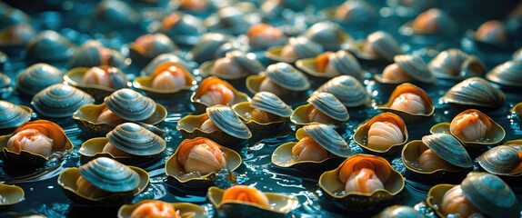Poster - Numerous clams with opened shells in clear water reflecting natural light, showcasing their textures and colors in a marine environment
