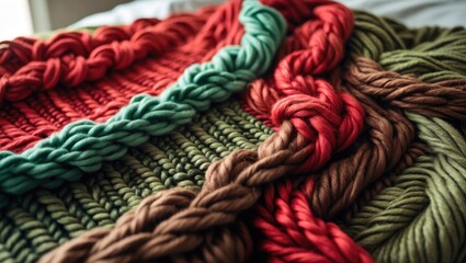 Poster - Knitted textile with colorful braided patterns in red, green, and brown yarn arranged on a surface with soft natural lighting
