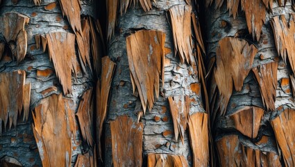 Poster - Close-up view of textured tree bark with peeling layers and rich brown colors displaying natural patterns and details