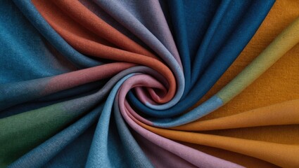 Poster - Colorful fabric swirls in a spiral pattern showcasing various shades and textures suitable for textile design and fashion industry applications