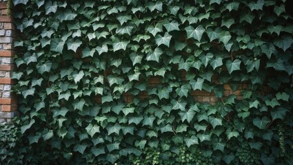 Wall Mural - Green ivy leaves covering a brick wall creating a dense natural texture background.