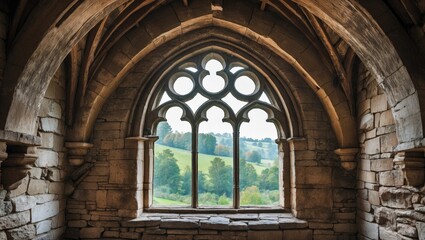 Poster - Gothic arched stone window with intricate design overlooking green rolling hills and trees in soft natural light