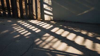Poster - Shadow patterns created by wooden fence slats on concrete surface in natural light