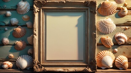 Poster - Empty vintage photo frame surrounded by assorted seashells on weathered wooden background