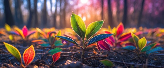 Poster - colorful young plants emerging from soil in a forest with soft morning light illuminating vibrant leaves