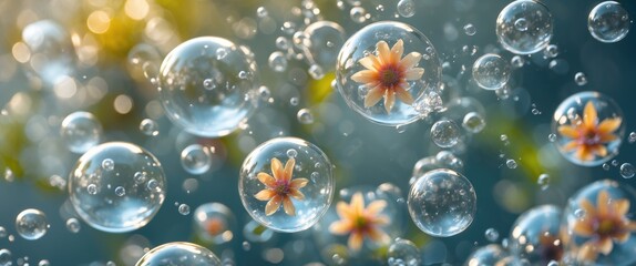 Poster - Bubbles with flowers inside floating in a soft-focus background with green and blue tones in a tranquil nature setting