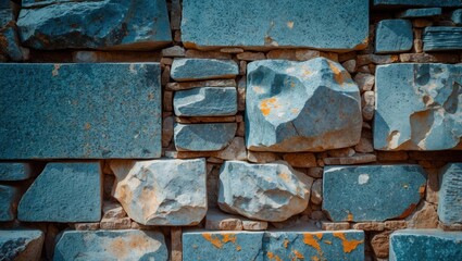 Poster - Textured stone wall with various sizes of stones, blue hues, and weathered surfaces, showcasing natural patterns and color variations