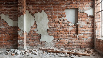 Poster - Interior wall with exposed red brick and plaster damage, debris on the floor, natural light from window, industrial setting