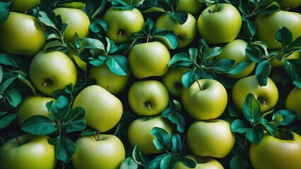 Poster - Fresh green apples with leaves arranged closely in a flat lay composition on a dark background.