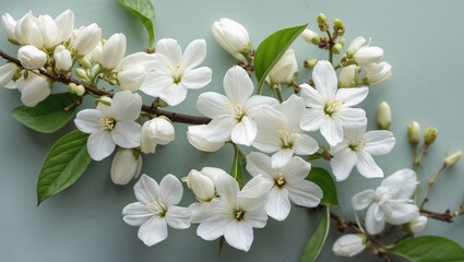 Poster - White flowering branch with delicate petals and green leaves on a soft pastel background